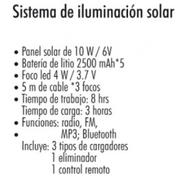 sistema de iluminacion solar 10w 3 focos